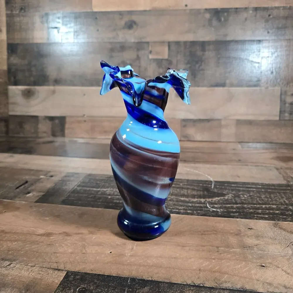 Vintage Smith's Old Timer Hand Blown Multi Colored Glass Ruffled Vase